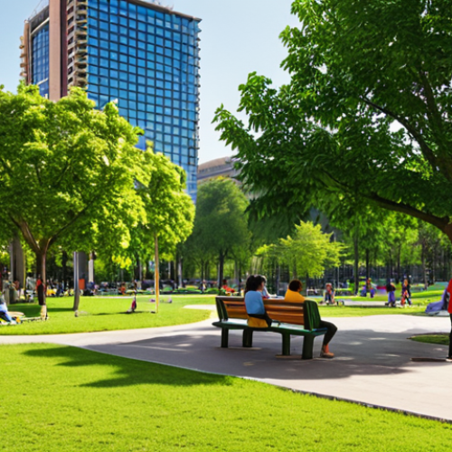 Home 19 **
A vibrant park scene in a modern city. Lush green trees provide shade over park benches where people are relaxing and chatting. Children are playing in a designated play area. In the background, sleek, modern buildings rise, partially obscured by the trees. The overall atmosphere is one of tranquility and community within a bustling urban environment.
**