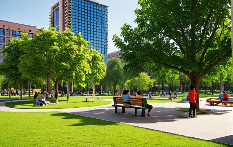 **
A vibrant park scene in a modern city. Lush green trees provide shade over park benches where people are relaxing and chatting. Children are playing in a designated play area. In the background, sleek, modern buildings rise, partially obscured by the trees. The overall atmosphere is one of tranquility and community within a bustling urban environment.
**