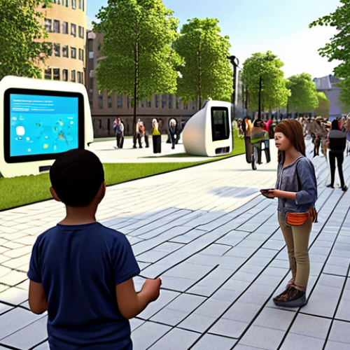 Home 18 **Prompt:** A vibrant, human-scale urban park filled with diverse citizens of all ages. People are actively engaging with interactive digital displays and their smartphones, showing real-time feedback and design concepts for the park. Some are tapping screens, others are discussing animated 3D models of future community spaces with a sense of excitement and belonging. The scene emphasizes direct citizen participation in shaping their neighborhood, blending natural elements with subtle technological interfaces.