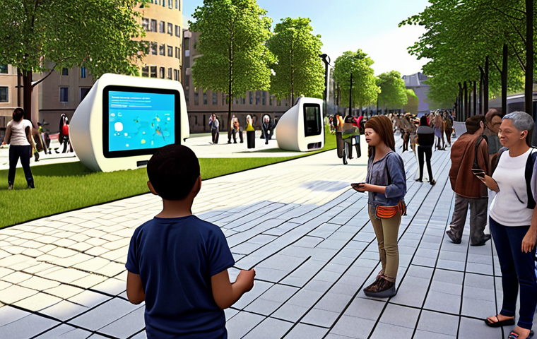 **Prompt:** A vibrant, human-scale urban park filled with diverse citizens of all ages. People are actively engaging with interactive digital displays and their smartphones, showing real-time feedback and design concepts for the park. Some are tapping screens, others are discussing animated 3D models of future community spaces with a sense of excitement and belonging. The scene emphasizes direct citizen participation in shaping their neighborhood, blending natural elements with subtle technological interfaces.