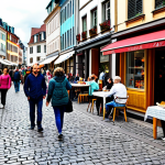 A vibrant, car-free pedestrian street in a bustling European city, teeming with a diverse group of people, including families with children, young professionals, and seniors. Lively small businesses like cafes, bookstores, and artisan craft shops line the cobblestone street, with inviting outdoor seating. Children are playing freely and safely in the foreground, amidst a thriving community atmosphere. All subjects are fully clothed in modest, appropriate attire suitable for an urban setting. The image is captured with professional photography, ensuring perfect anatomy, correct proportions, natural poses, well-formed hands, and proper finger count. safe for work, appropriate content, fully clothed, family-friendly.