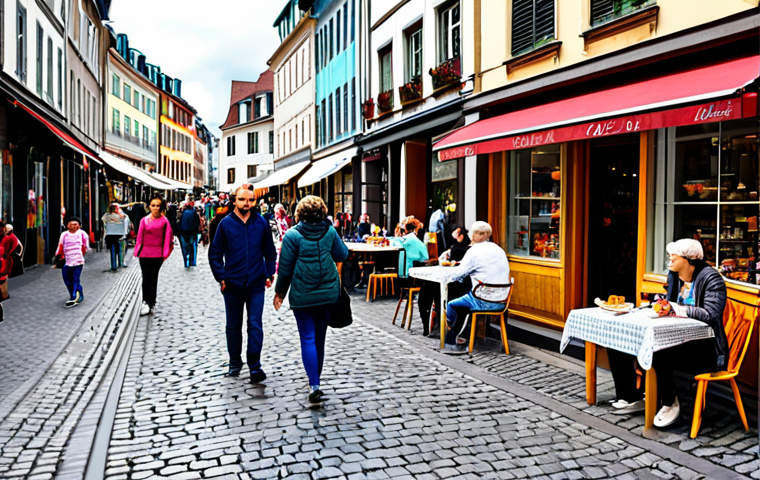 A vibrant, car-free pedestrian street in a bustling European city, teeming with a diverse group of people, including families with children, young professionals, and seniors. Lively small businesses like cafes, bookstores, and artisan craft shops line the cobblestone street, with inviting outdoor seating. Children are playing freely and safely in the foreground, amidst a thriving community atmosphere. All subjects are fully clothed in modest, appropriate attire suitable for an urban setting. The image is captured with professional photography, ensuring perfect anatomy, correct proportions, natural poses, well-formed hands, and proper finger count. safe for work, appropriate content, fully clothed, family-friendly.