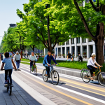 A diverse group of individuals and families, fully clothed in modest, everyday casual attire, are comfortably walking and cycling on a wide, tree-lined pedestrian street. Integrated bike lanes are visible. The background features modern, human-scale buildings with ground-floor shops and a small, inviting urban park with benches. Abundant green spaces, including planters and vertical gardens, enhance the streetscape. The atmosphere is vibrant, peaceful, and community-focused. The image is a professional photograph, captured with natural lighting and high resolution, showcasing perfect anatomy, correct proportions, well-formed hands, proper finger count, and natural body proportions. safe for work, appropriate content, fully clothed, family-friendly.