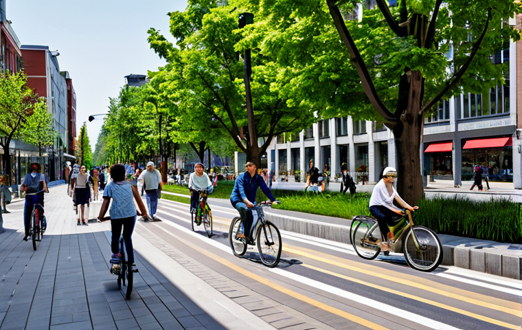A diverse group of individuals and families, fully clothed in modest, everyday casual attire, are comfortably walking and cycling on a wide, tree-lined pedestrian street. Integrated bike lanes are visible. The background features modern, human-scale buildings with ground-floor shops and a small, inviting urban park with benches. Abundant green spaces, including planters and vertical gardens, enhance the streetscape. The atmosphere is vibrant, peaceful, and community-focused. The image is a professional photograph, captured with natural lighting and high resolution, showcasing perfect anatomy, correct proportions, well-formed hands, proper finger count, and natural body proportions. safe for work, appropriate content, fully clothed, family-friendly.